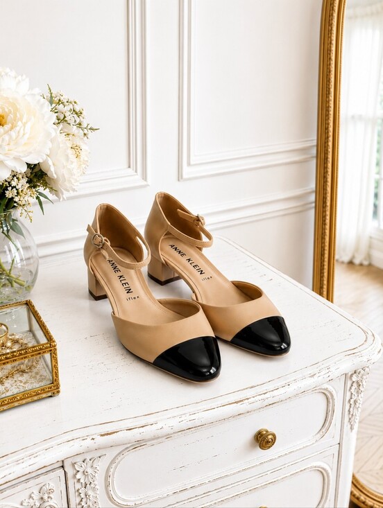Anne Klein Shoes - Anne Klein iFlex Nude/Black Cap Toe Ankle Strap Block Heel Pumps | Size 8.5